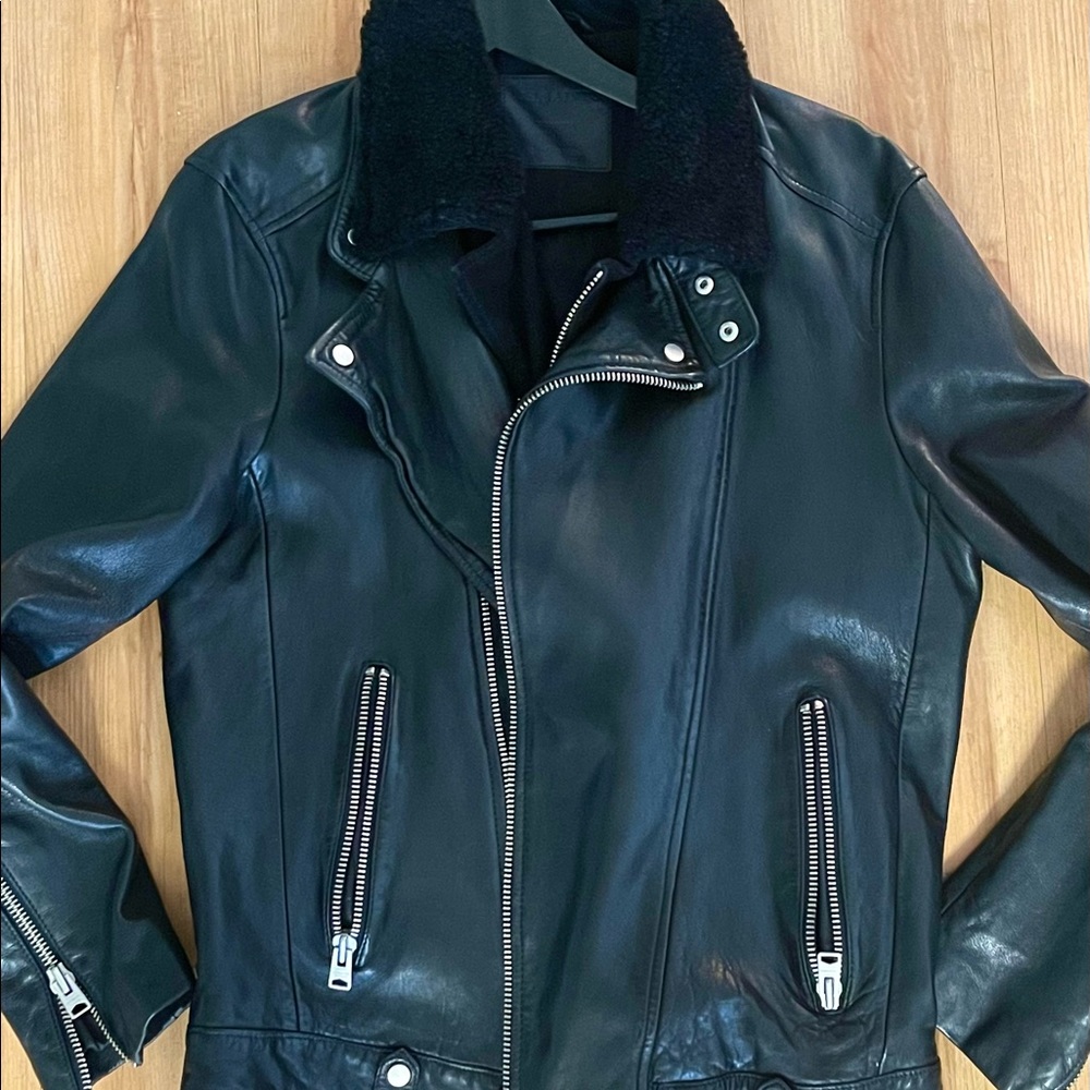 All Saints Black Leather Motorcycle Jacket w/ Shearling Collar